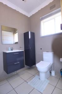 a bathroom with a toilet and a sink and a mirror at Guesthouse Gabby in Klerksdorp