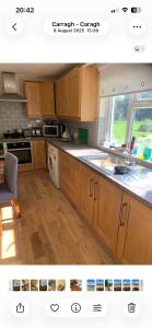 a kitchen with wooden cabinets and a counter top at Stickens Apartment in Naas