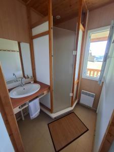a bathroom with a sink and a shower at Chalets au bord du lac de Lavalette in Lapte +8 photos