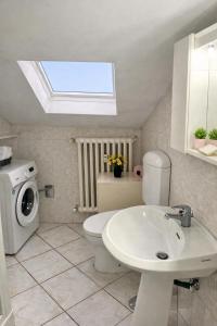 a bathroom with a sink and a washing machine at Casa LOUES in Asti
