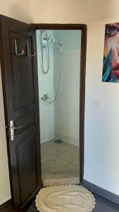 a bathroom with a shower with a glass door at La Petite Maison in Antsiranana