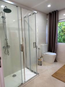 a bathroom with a shower and a toilet at Bruma do Pico House in Lajes do Pico +23 photos