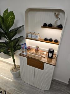 a counter in a room with a potted plant at Modern 3BR Apartment - Heart of Sheikh Zayed - Gated Compound in Sheikh Zayed +10 photos