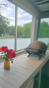 a pot on a table next to a window with flowers at Spacious & Sun-Filled Highlands Retreat in Moss Vale +29 photos