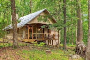 a log cabin in the woods with a metal roof at Bald Eagle in Kingston Springs