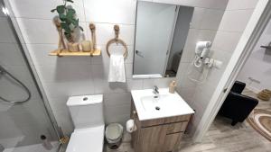 a bathroom with a toilet and a sink and a mirror at Villamadrid Home 2 in Madrid