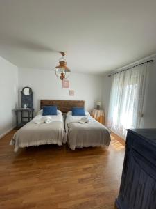 a bedroom with two beds with blue pillows at La Casa de mis Padres in Arahuetes