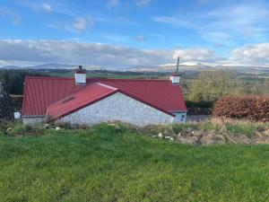a house with a red roof on a field at Mag Byrne's Cottage in Sandy Ford
