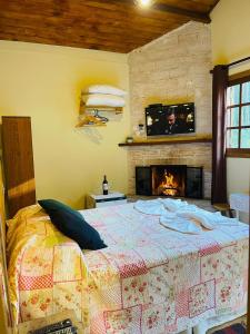 a bedroom with a bed with a fireplace and a tv at Chalé Recanto dos Pinheiros in Monte Verde