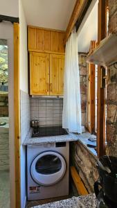 a washer and dryer in a kitchen with wooden cabinets at Anderr stone Boutique in Gjirokastër