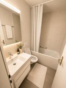 a bathroom with a sink and a toilet and a mirror at Bern Garden Residence 152m Luxury Apartment in Bern
