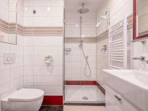 a bathroom with a shower and a toilet and a sink at Klein Hintermühltalhof in Itter