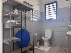 a bathroom with a toilet and a blue wall at Eco-Nature Studio in Petit-Canal
