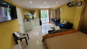 a bedroom with a bed and a kitchen with a tv at Comfort Suites - Studio Two in La Fargue