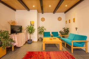 a living room with two blue chairs and a table at Residence Campolongo in Arabba