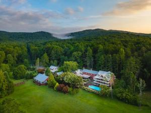 an aerial view of a large house in the forest at Glen-Ella Springs Hotel & Restaurant in Shirley Grove