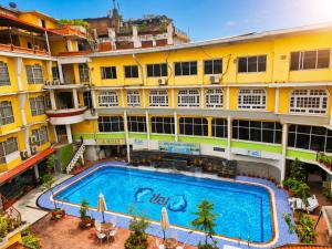 an overhead view of a building with a swimming pool at Hotel Woodland Kathmandu in Kathmandu