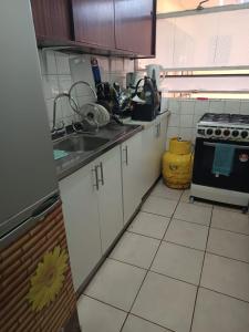 a kitchen with a sink and a stove at Alojamiento Centro Osorno Plaza del Toro in Osorno