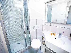 a bathroom with a shower and a toilet and a sink at ibis budget Metz Sud in Augny +46 photos