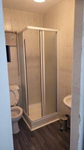 a bathroom with a shower with a toilet and a sink at Holiday Plus - 50 Palatine Road in Blackpool