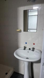 a bathroom with a white sink and a mirror at Holiday Plus - 50 Palatine Road in Blackpool +47 photos