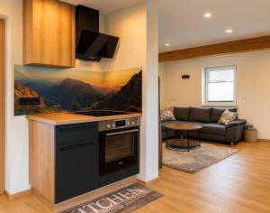 a kitchen with a stove and a couch in a room at MyAlpenloft 1 in Deutschgriffen