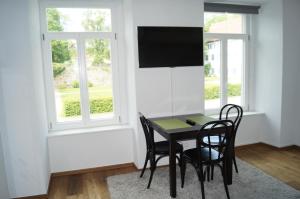 une salle à manger avec une table et des chaises et deux fenêtres dans l'établissement Loft Style Studio - historic old town, à Villingen-Schwenningen