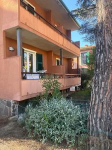 a pink house with a tree in front of it at Casavacanze Zeus in Marciana Marina