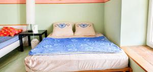 a bedroom with a bed with blue sheets and pink pillows at Le bois saint Hilaire in Lémeré