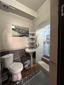 a bathroom with a toilet and a sink at Guest House URUYAT in Naryn