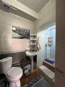a bathroom with a toilet and a sink and a shower at Guest House URUYAT in Naryn