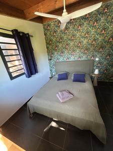 a bedroom with a bed with blue pillows at Chambre De L étang in Saint-Paul