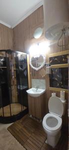 a bathroom with a toilet and a sink at Residence APOLLO MJ z dwoma pokojami in Ząbkowice Śląskie +4 photos