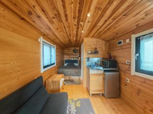 a living room of a tiny house with wooden walls at RED Tiny Houses in Voronet