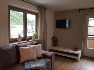 a living room with a couch and a window at Alpin Appart Reiter- & Alpakahof in Niederthai in Niederthai
