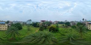 a view of a city with palm trees and buildings at Laxmi Narasimha homestay in mayapur