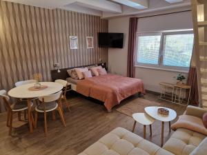 a bedroom with a bed and a couch and a table at Apartmán Sophia 6 in Velké Losiny +27 photos