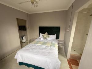 a bedroom with a large bed with white sheets at Vumasky in Ladysmith