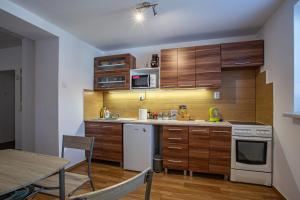 a small kitchen with wooden cabinets and a table with a tableablish at U Moto Makovic in Horažďovice +4 photos