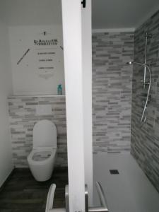 a bathroom with a toilet and a shower at Chambre d'hôtes l'orchidée in Voutré