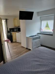 a small room with a kitchen with a counter top at Chambre d'hôtes l'orchidée in Voutré +3 photos