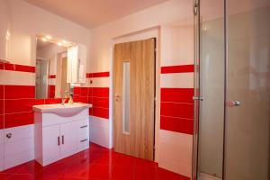 a bathroom with red and white stripes on the walls at U Moto Makovic in Horažďovice