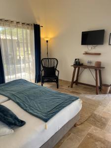 a bedroom with a bed and a chair and a television at Les maisons de loup a loup in Cotignac