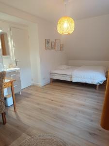 a bedroom with a bed and a desk and a lamp at Maison des bois in Neufchâtel-Hardelot