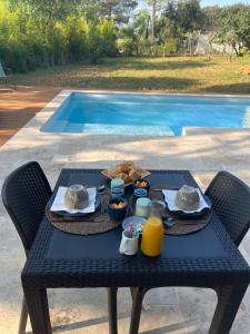 a table with a tray of food on it next to a pool at Les maisons de loup a loup in Cotignac