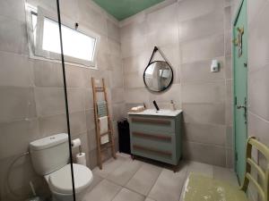 a bathroom with a toilet and a sink and a mirror at Casa Os Maias - Jardim, terraço e espaço para 10 pessoas in Mirandela +46 photos