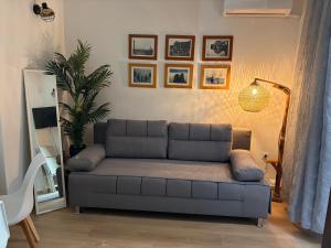 a living room with a couch and pictures on the wall at Apartman Biljana in Rafailovici