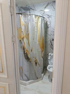 a bathroom with a shower curtain with a toilet at Ibrohim Xoja Hotel in Khiva