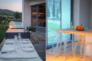 two pictures of a kitchen with a table with glasses at Villa Bilor Luxe by MMega in Subbiano +35 photos