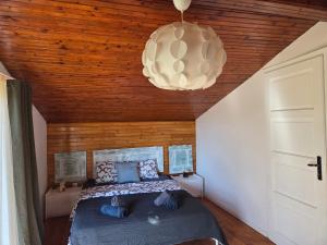 a bedroom with a bed with a wooden ceiling and a chandelier at Still Garden House in Bezden